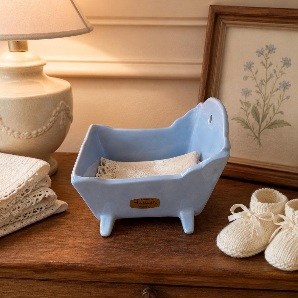 Vintage Haeger Pottery Baby Cradle Planter Blue Ceramic Nursery Wall Pocket 1950